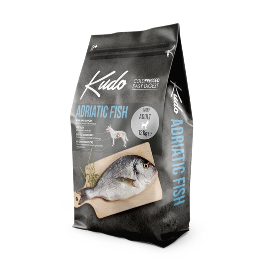 Kudo Adriatic Fish Mini Adult – Getreidefreies kaltgepresstes Hundefutter mit Fisch aus der Adria für kleine Hunde.