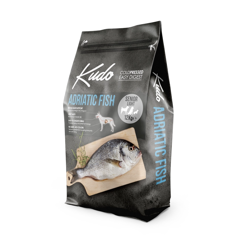 Kudo Adriatic Fish Senior Light – Getreidefreies kaltgepresstes Hundefutter mit Fisch aus der Adria für ältere und übergewichtige Hunde.
