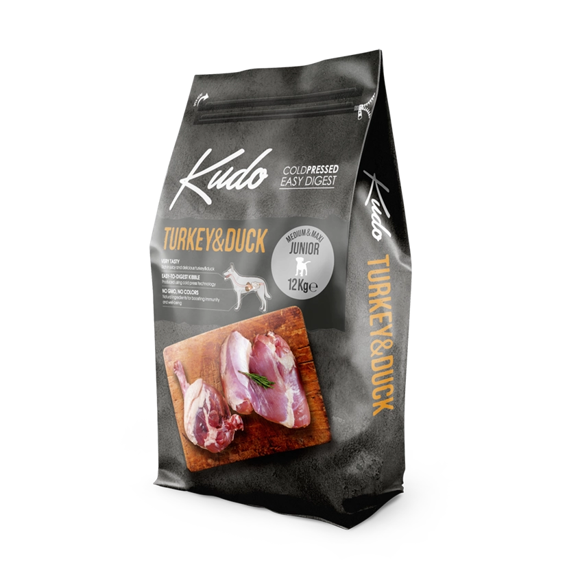 Kudo Turkey & Duck Medium & Maxi Junior – Getreidefreies kaltgepresstes Hundefutter mit Pute und Ente für Welpen und Junghunde mittelgroßer und großer Rassen.