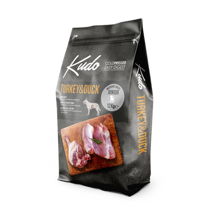 Kudo Turkey & Duck Medium & Maxi Junior – Getreidefreies kaltgepresstes Hundefutter mit Pute und Ente für Welpen und Junghunde mittelgroßer und großer Rassen.