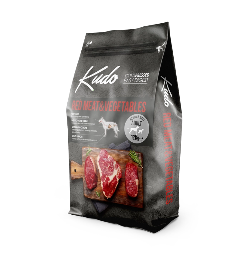Kudo Red Meat & Vegetables Medium & Maxi Adult – Kaltgepresstes Hundefutter mit rotem Fleisch und Gemüse für mittelgroße und große Hunde.