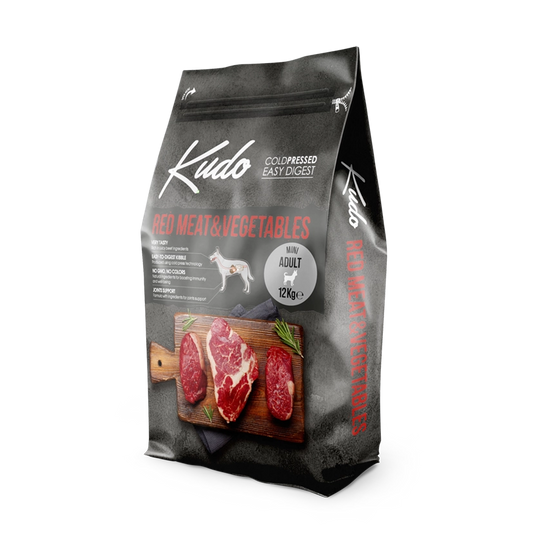 Kudo Red Meat & Vegetables Mini Adult – Kaltgepresstes Hundefutter mit rotem Fleisch und Gemüse für kleine Hunde.